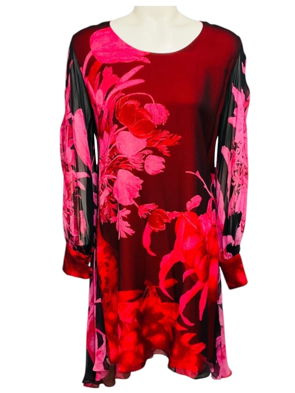 GIAMBATTISTA VALLI PINK / RED MULTI FLORAL PRINTED SILK CHIFFON DRESS